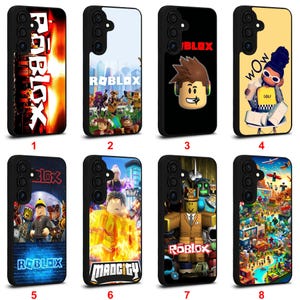 May include: A collection of eight phone cases featuring various designs and the "Roblox" logo. The cases display colorful graphics, including characters, cityscapes, and text. Each case has a black border and a camera cutout.