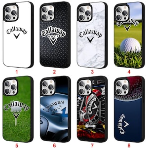 Könnte beinhalten: Sammlung von acht Handyhüllen mit dem Callaway Golf Logo. Designs umfassen einen weißen Hintergrund, ein schwarzes Rautenmuster, eine Marmorstruktur, einen Golfball auf Gras, einen grünen Golfplatz und einen dunkelblauen Hintergrund.