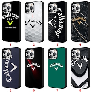 Könnte beinhalten: Acht Handyhüllen mit dem Callaway Golf Logo in verschiedenen Designs. Die Hüllen zeigen ein Golfballmuster, Marmoreffekt und unifarbene Designs wie Schwarz und Grün. Jede Hülle hat einen schwarzen Rand und einen Ausschnitt für die Kamera.