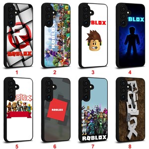 May include: A collection of eight phone cases featuring various designs related to the Roblox game. The cases display the Roblox logo, characters, and graphics in different styles, including a checkered pattern, character collages, and stylized text.