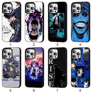 May include: Eight phone cases with anime-style illustrations. The designs feature characters and scenes in vibrant colours. Some cases include text such as "Solo Leveling" and "RISE". The cases are designed for a mobile phone.