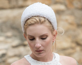 White Sequin Wide Bridal Headband Fascinator, Winter Wedding Crown for Bride, Sequin Headpiece for Bride, Large Bridal Headpiece