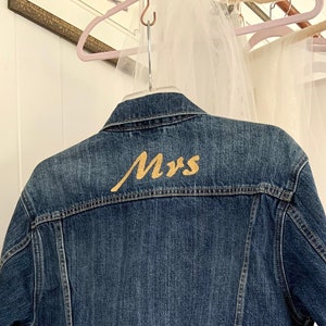 Mrs Jean Jacket Embroidered, Mrs Denim Jacket Gold Metallic Letters, Mrs Gifts for the Bride To Be, Customized Mrs Jacket Embroidered