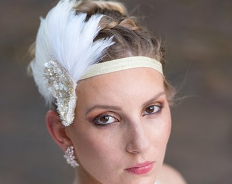 Ostrich Feather Headpiece, Great Gatsby Headpiece, Great Gatsby Headband, Feather Bridal Headpiece Art Deco, Ivory Bridal Feather Fascinator