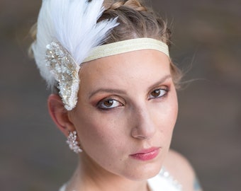 Ivory Feather Bridal Fascinator, Ivory Great Gatsby Headpiece with Feathers, Art Deco Bridal Headpiece Feathers, Great Gatsby Wedding
