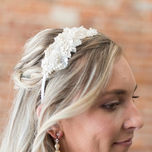 Lace Bridal Headband Boho, Beaded Bridal Hair Piece, Ivory Wedding Headband Bride Lace, Simple Beaded Headband Bride, Sequin Lace Headband image 1