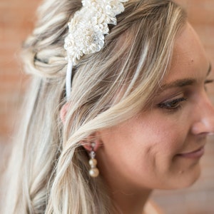 Lace Bridal Headband Boho, Beaded Bridal Hair Piece, Ivory Wedding Headband Bride Lace, Simple Beaded Headband Bride, Sequin Lace Headband image 2