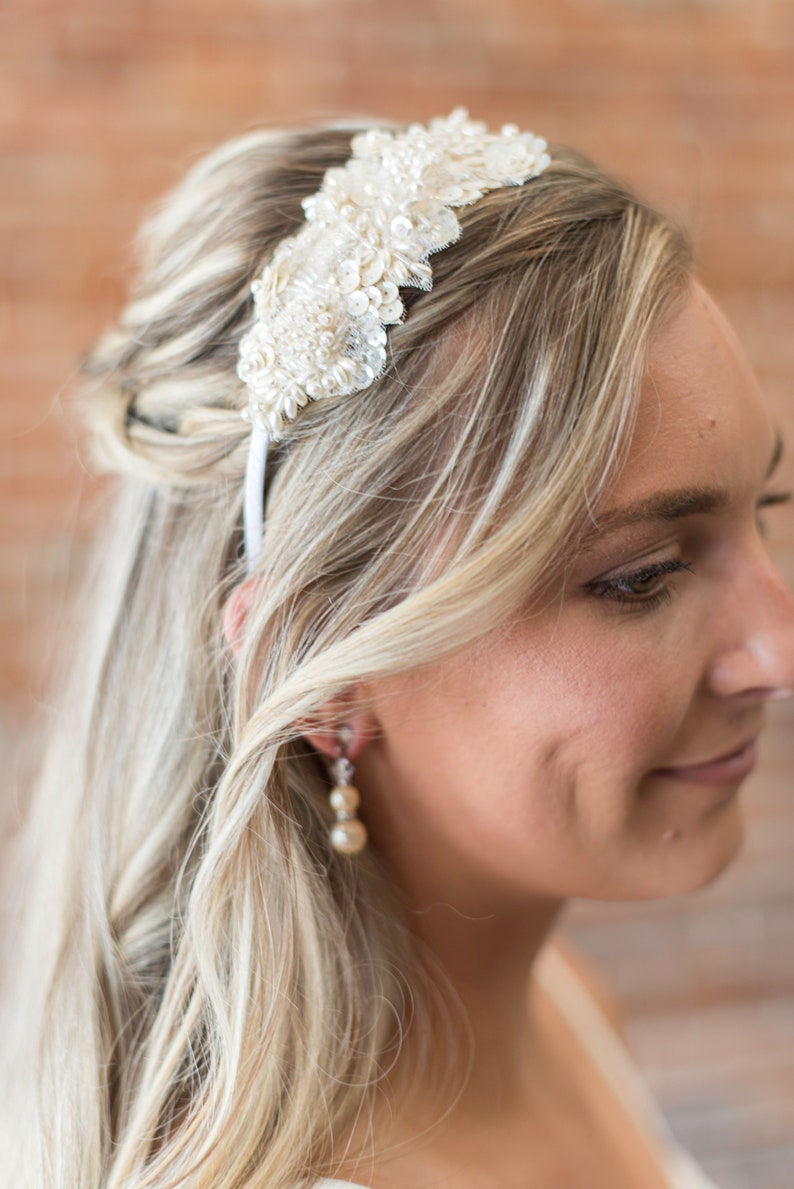 Lace Bridal Headband Boho, Beaded Bridal Hair Piece, Ivory Wedding Headband Bride Lace, Simple Beaded Headband Bride, Sequin Lace Headband image 2