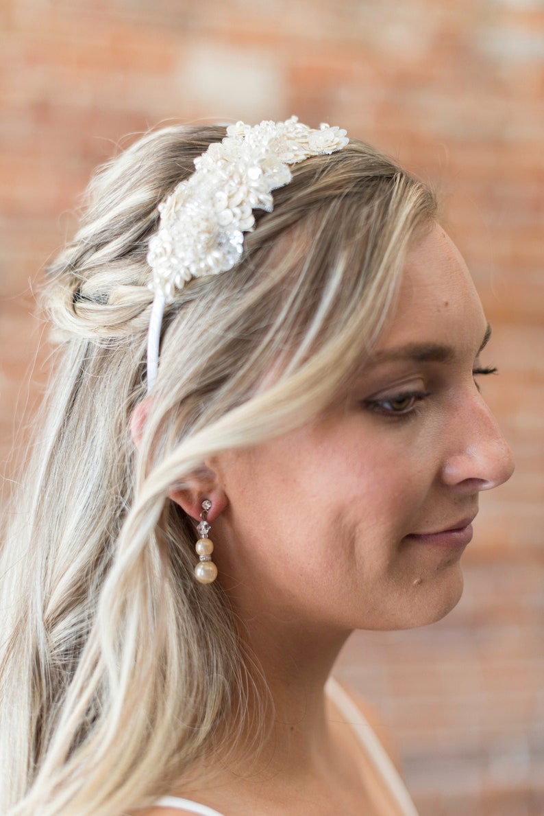 Lace Bridal Headband Boho, Beaded Bridal Hair Piece, Ivory Wedding Headband Bride Lace, Simple Beaded Headband Bride, Sequin Lace Headband image 1