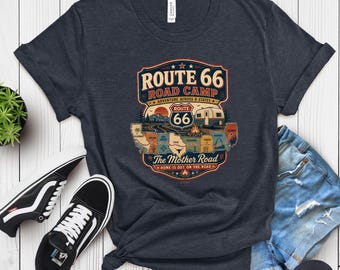 Route 66 Camping Shirt Mother Road Map Tee RV Camper Gift Adventure Across 8 States Vintage American Road Trip Shirt