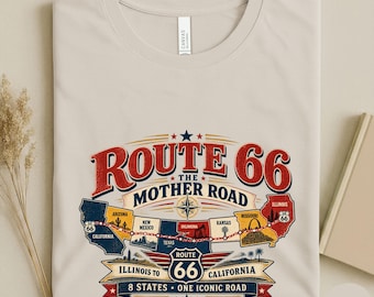 Route 66 Mother Road Shirt, Vintage Americana Road Trip Tee, Illinois to California States