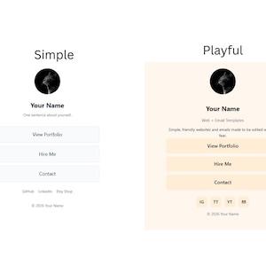 May include: Three website template designs labelled 'Simple', 'Playful', and 'Professional'. Each features a circular profile image, the text 'Your Name', and buttons for 'View Portfolio', 'Hire Me', and 'Contact'.