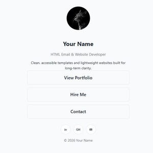 May include: A website design with a black circular profile image at the top, followed by the text "Your Name" and a description of the developer's services. Below are three buttons labeled "View Portfolio", "Hire Me", and "Contact".