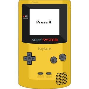 Könnte beinhalten: Eine gelbe Handheld-Spielkonsole mit einem schwarzen Bildschirm, auf dem "Press A" steht. Die Konsole hat ein Steuerkreuz, A- und B-Tasten und einen Lautsprecher. Der Text "GAME SYSTEM" und "PlayGame" sind ebenfalls sichtbar.