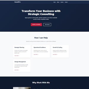 Puede incluir: Una página de destino de un sitio web con un encabezado y pie de página azul oscuro y una sección central blanca. El texto "Transforme su negocio con consultoría estratégica" se muestra de forma destacada. Los botones dicen "Programar una consulta" y "Ver servicios".