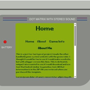 Może przedstawiać: Szary projekt konsoli do gier przenośnej z zielonym ekranem wyświetlającym interfejs strony internetowej. Ekran wyświetla słowo "Home" i opcje menu. Tekst "DOT MATRIX WITH STEREO SOUND" znajduje się na górze. Czerwone światło wskazuje stan baterii.