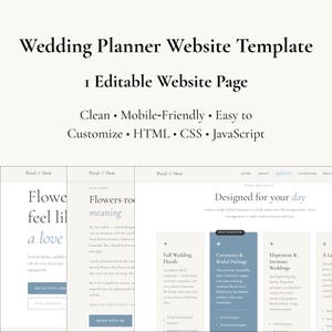 Può includere: Un modello di sito web per wedding planner, con una pagina modificabile, pulita e adatta ai dispositivi mobili. Facile da personalizzare con HTML, CSS e JavaScript. Include sezioni per composizioni floreali e pacchetti di nozze.