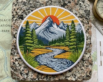 Retro Glacier National Park Embroidered Patch Vintage Mountain River Sunset Travel Souvenir Badge