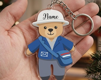 Adorno navideño personalizado de oso cartero, llavero de oso cartero personalizado, acrílico plano, regalo de recuerdo para trabajador postal.