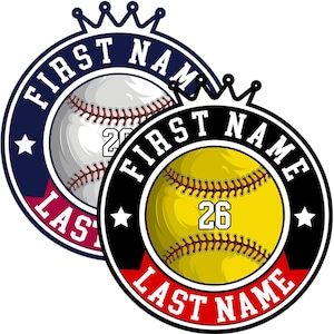 May include: Two softball-themed designs. One is a white softball with red stitching, the other is a yellow softball with yellow stitching. Both have the number 26, and the words "FIRST NAME" and "LAST NAME" in white.