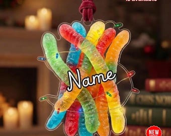 Personalized Gummy Worms Christmas Ornament Custom Candy Name Acrylic Keychain