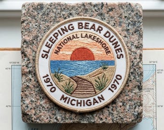 Retro Sleeping Bear Dunes National Lakeshore Michigan Embroidered Patch Vintage Sunset Travel Souvenir Badge