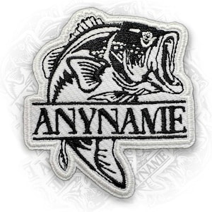 May include: Embroidered patch featuring a detailed black and white illustration of a fish with an open mouth. The patch includes the text "ANYNAME" in bold, black letters on a white background. The patch has a white border.