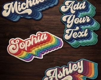 Parche bordado personalizado con nombre, insignia termoadhesiva con tipografía retro llamativa, etiqueta para mochila infantil