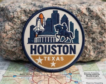 Parche bordado de viaje con el horizonte de Houston, Texas