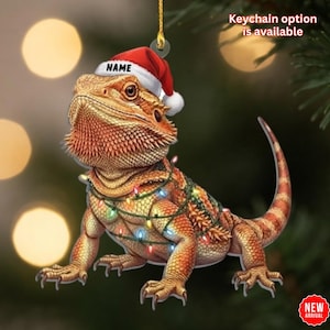 Personalized Bearded Dragon Christmas Ornament, Santa Hat Lizard Tree Decor (Acrylic)