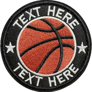 May include: Round patch featuring a basketball design. The basketball is orange with black lines, set against a black background. The words "TEXT HERE" are embroidered in white around the perimeter, with white star accents.
