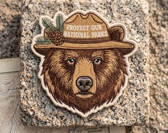 Protect National Parks Ranger Bear Embroidered Patch: Conservation Souvenir