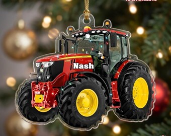Personalized Red Tractor Ornament Keychain Custom Name Farm Lover 2D Acrylic Gift