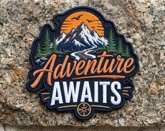 Adventure Awaits Embroidered Patch: Mountain Sunset Travel Souvenir