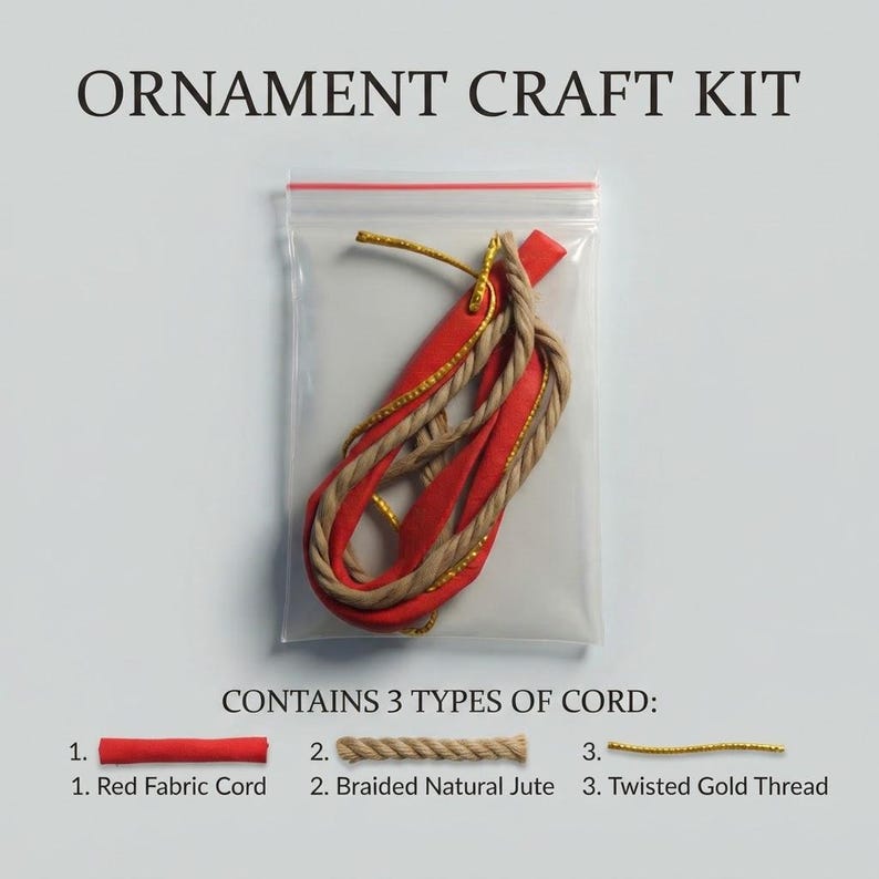 May include: An ornament craft kit in a clear plastic bag containing three types of cord: a red fabric cord, a braided natural jute cord, and a thin twisted gold thread. The text ORNAMENT CRAFT KIT and CONTAINS 3 TYPES OF CORD is visible.