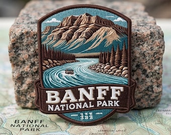 Parche bordado del Parque Nacional Banff, recuerdo de viaje de Canadá, aplique termoadhesivo