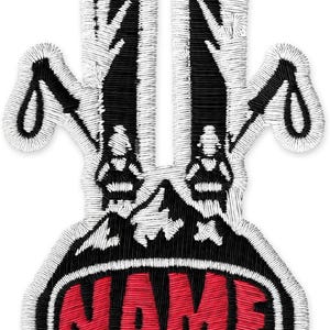 May include: Embroidered patch featuring a ski-themed design. The patch showcases skis, ski poles, and a pair of skiers, with the word "NAME" in red letters. The design is outlined in black and white, creating a detailed and eye-catching patch.