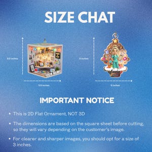 May include: A size chart graphic displaying two flat ornaments with dimensions. The left cube-shaped ornament measures 3.5 inches by 3.5 inches. The right tree-shaped ornament featuring a nurse illustration measures 5 inches by 5 inches.