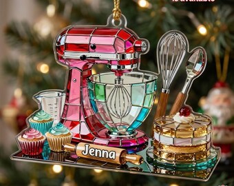 Personalized Stained Glass Baking Mixer Ornament Keychain Custom Name Baker Gift