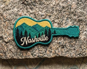 Retro Nashville Tennessee Guitar Shaped Embroidered Patch Mountain Nature Souvenir Badge