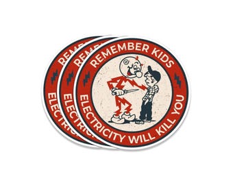 REMEMBER KIDS Electricity Will Kill You Sticker, Vintage Reddy Kilowatt Decal, Funny Electrical Safety Vinyl Stickers for Tool Box