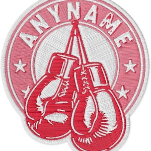 May include: Embroidered patch featuring red boxing gloves hanging inside a red and white circular design. The text "ANY NAME" is arched across the top. White stars are placed around the gloves.