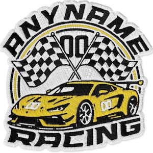 May include: Embroidered patch with the words "ANY NAME" and "RACING" in black thread. The patch features a yellow sports car, two crossed checkered flags, and the number "00".