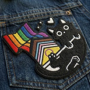 May include: An embroidered patch featuring a black cat with wide white eyes holding a rainbow-colored flag with a triangular chevron pattern. The design includes a small white heart and two four-pointed stars above the cat, all stitched onto blue denim.