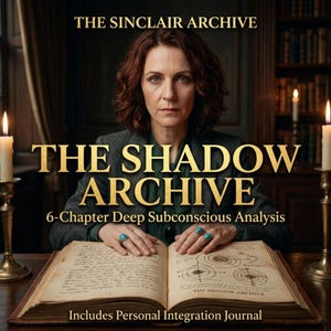 May include: An open book with the title "THE SHADOW ARCHIVE" is held by a person. The book is open to a page with diagrams. The image includes the text "6-Chapter Deep Subconscious Analysis" and "Includes Personal Integration Journal".