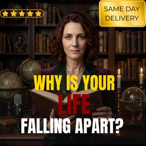 May include: An image featuring a woman holding an open book with the text "WHY IS YOUR LIFE FALLING APART?" in yellow and red. A microphone is visible on the left, and a gold banner reads "SAME DAY DELIVERY". The background includes bookshelves and globes.
