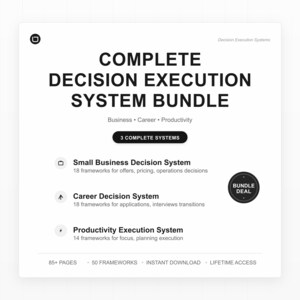 Op de afbeelding: Een witte afbeelding met de tekst "COMPLETE DECISION EXECUTION SYSTEM BUNDLE". De bundel bevat systemen voor business, carrière en productiviteit. Het bevat 3 complete systemen, 85+ pagina's en direct downloaden.