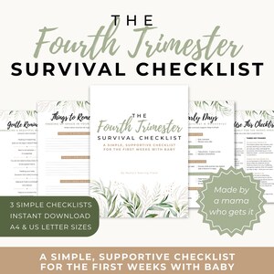 Könnte beinhalten: Digitaler Download einer "Fourth Trimester Survival Checklist" mit weißem Hintergrund und grünen Akzenten. Die Checkliste enthält drei einfache Checklisten, die in den Formaten A4 und US Letter erhältlich sind und für die ersten Wochen mit einem Baby konzipiert wurden.