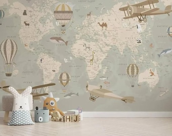 Kids World Map Wallpaper: Hot Air Balloons, Animals, Planes (Removable Mural)