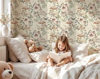 Papel pintado de animales del bosque hecho a mano para habitación infantil: Mural autoadhesivo de animales del bosque